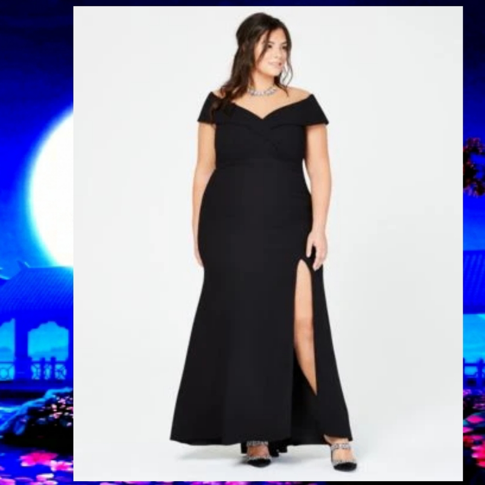 Xscape off-shoulder black sweetheart collar gown